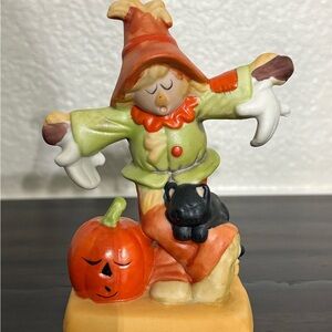 Vintage Sleepy Scarecrow Figurine with Pumpkin and Cat
